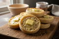 Fresh homemade English muffins golden brown with melting butter