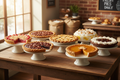 Assortment of fresh-baked 10-inch pies on a rustic wooden table