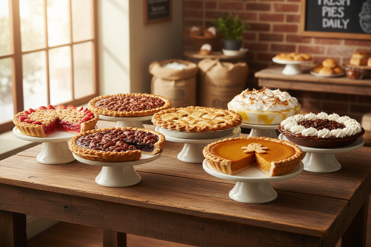 Assortment of fresh-baked 10-inch pies on a rustic wooden table